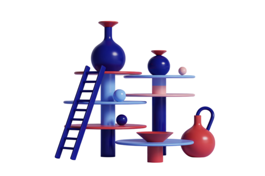 Surreal blue and red chemistry laboratory structure with flasks tubes and ladders