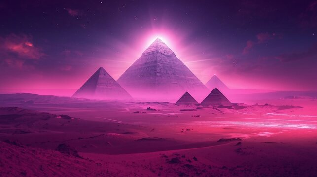 Ethereal Pyramids Illuminate a Surreal Magenta Desert Beneath a Starry Alien Sky