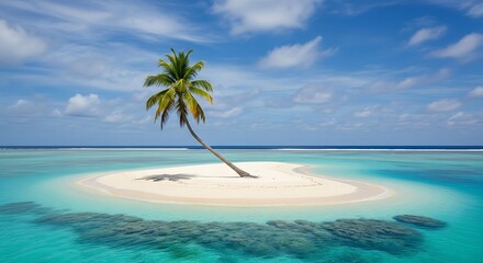 Secluded Island Paradise: A serene, tropical island emerges from the turquoise waters, graced by a solitary palm tree, inviting tranquility and escape. 