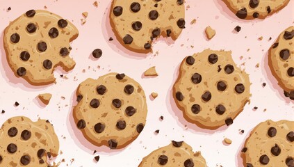 Top down view of chocolate chip cookies scattered on a pink background.