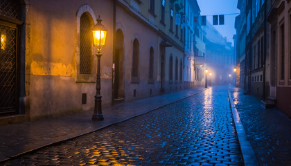 Naklejka premium Cobblestone Street Lit by Vintage Street Lamps on a Foggy Evening in an Old European City