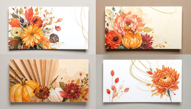 Autumnal Floral Card Designs with Pumpkins and Warm Tones.