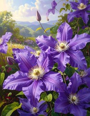 Clematis Flowers in a Mountain Landscape Painting.