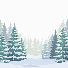 Fototapeta premium Snow covered evergreen trees in a winter landscape against a white background