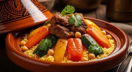 Moroccan Tagine: A vibrant culinary delight, a steaming Moroccan tagine dish features tender meat, vibrant vegetables, and flavorful spices, beautifully presented.