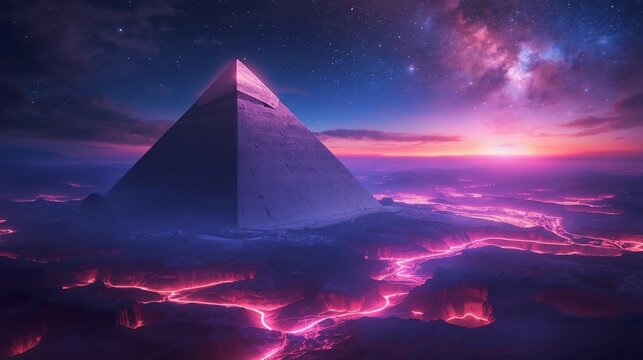 Ethereal Pyramid Stands Tall Amidst Pulsating Rivers on an Alien World
