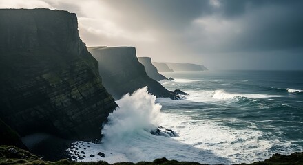 Rugged Coastline: A dramatic coastal scene showcases powerful waves crashing against majestic cliffs under a moody, overcast sky.