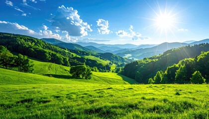 Obraz premium Vibrant Green Rolling Hills Under Bright Sunlight with Blue Sky and White Clouds a Stunning Natural Landscape Scene