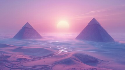 Twin Pyramids Bathed in an Otherworldly Pink and Purple Desert Sunset Glow