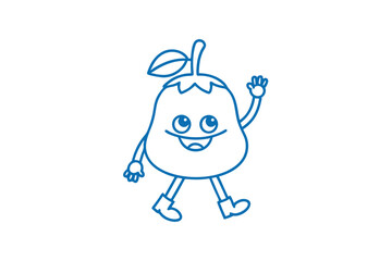 Line art showcases a friendly pear fruit character walking and waving with glee