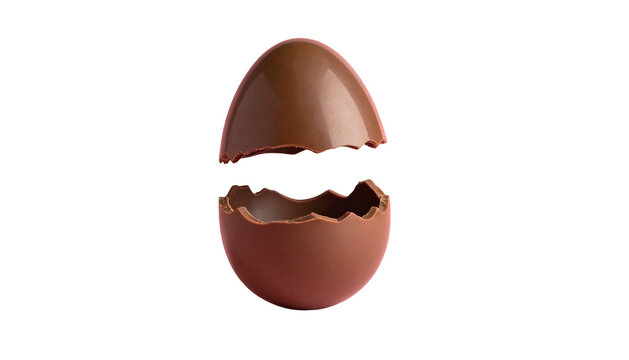 A cracked chocolate egg, its two halves separated against a stark black background