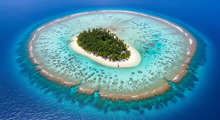 Island Oasis in Azure Waters: A secluded, tropical island, surrounded by a vibrant coral reef, sits serenely amidst the vast expanse of the deep blue ocean. It's a paradise.