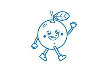 Happy orange character with a leaf waves while it walks, drawn with blue lines
