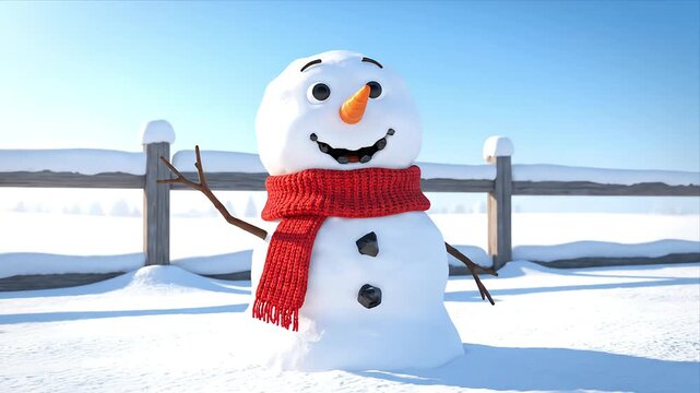 Happy Smiling Snowman with a Vibrant Red Scarf and Carrot Nose Waving Hello in a Sunny Winter Landscape with Fresh Snow and a Rustic Wooden Fence