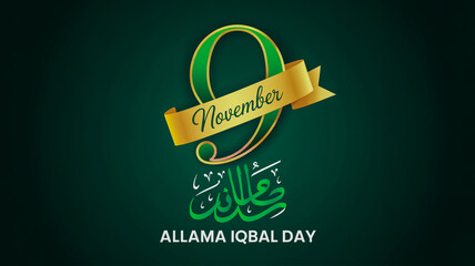 9 november allama iqbal day green ribbon calligraphy illustration