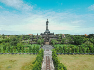 Aerial view of Bajra Sandhi Monument in Denpasar CIty with blue sky, Bali, Indonesia