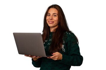 Naklejka premium Young woman wearing christmas sweater holding laptop, smiling, celebrating holiday season, working remotely, transparent background