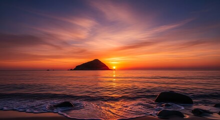 Crimson Horizon Embrace: The sun dips below the horizon, painting the sky with fiery hues. The ocean gently laps the shore, reflecting the warm glow of sunset and serene beauty. 