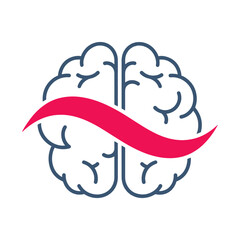 Blue brain outline with red ribbon across the center mind thought