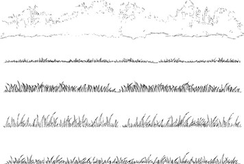 Fototapeta premium set of forest line cad, minimal isolated on white background. Ground cover. Illustration for elevation architectural element, side view, grass section. Turf coating banners for edging. 