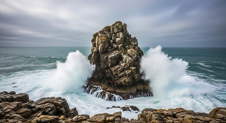 Ocean Fury: A dramatic display of nature's power unfolds as massive waves crash against a solitary rock formation in the vast ocean under a stormy sky, embodying the raw energy of the sea.