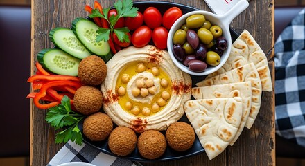 A Culinary Medley: A vibrant platter of Mediterranean delights, artfully arranged with hummus, falafel, olives, pita bread, and fresh vegetables, offering a flavorful culinary experience.