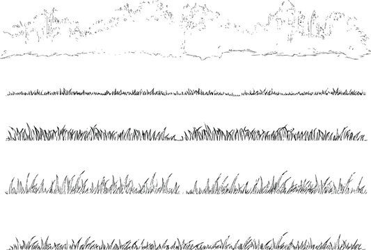set of forest line cad, minimal isolated on white background. Ground cover. Illustration for elevation architectural element, side view, grass section. Turf coating banners for edging. 
