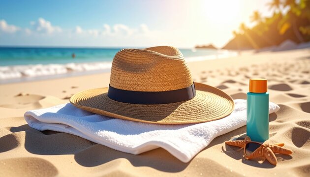 Straw hat rests on white towel beside sunscreen and starfish on sandy beach with ocean waves and palm trees under bright sunlight - Powered by Adobe