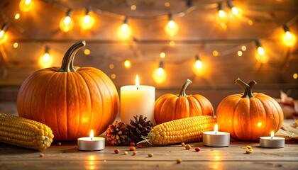 Autumnal Still Life - Pumpkins, Corn, Candles, and Warm Lights.