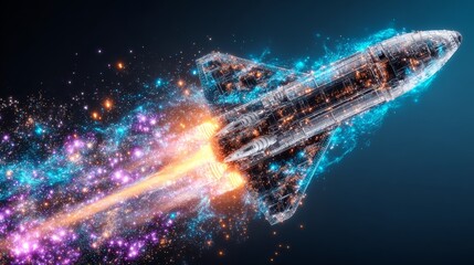 Spaceship flying vibrant blue purple nebula space sci fi vessel navigates colorful gas clouds in deep cosmos