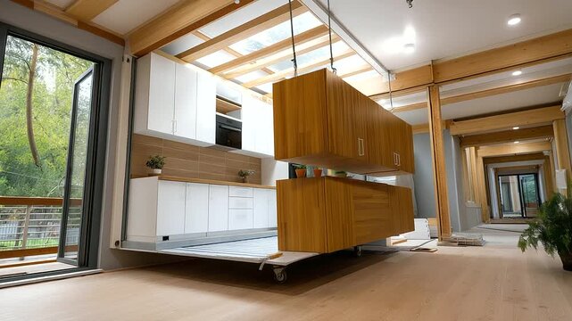 Modular house interior installation &mdash; clean modern kitchen module being inserted, light wood textures and natural tones, futuristic yet cozy feel, faceless scene, with copy space.