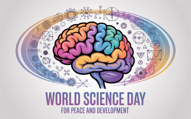 Colorful illustration of a brain with scientific symbols and text