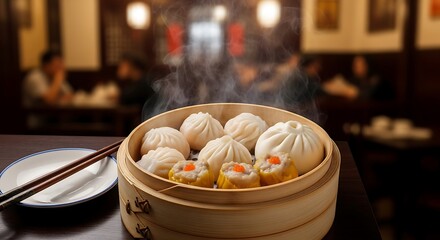 Steaming Dim Sum Delights: An enticing close-up of a bamboo steamer, filled with fluffy dumplings and savory dim sum, releasing fragrant steam.