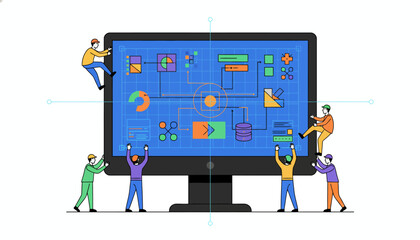 Collaborative System Engineering: Team of Developers Analyzing Complex Data Architecture Flowchart on a Large Monitor Screen