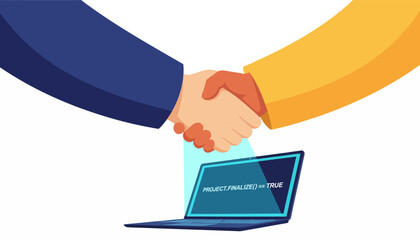 Successful Technology Partnership: Business Handshake Over Laptop Signifying Project Completion and Digital Agreement