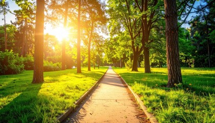 Sunlight Filters Through Lush Green Trees Onto A Path In A Park On A Bright Sunny Day Casting Long Shadows And Creating A Peaceful Atmosphere