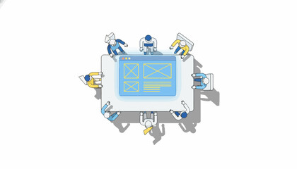 Business Team Collaboration on UI/UX Design Strategy: Overhead View of Professionals Working on a Website Wireframe Mockup.