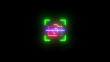 Animated Glowing neon camera scan icon animation with futuristic scan lines on a black background, looped motion graphic design for digital technology and 4k animation motion video - Powered by Adobe