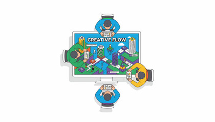Digital Creative Flow: Top View of Team Collaboration and Design Workflow Optimization on a Computer Screen
