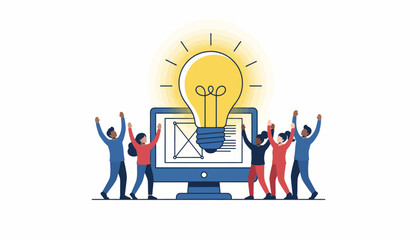 Digital Team Success: Diverse Group Celebrating a Breakthrough Innovation, Concept Lightbulb Emerging from Computer Screen