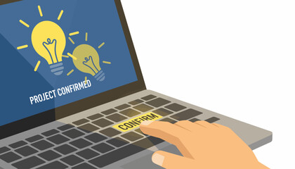 Confirmation of a New Project Idea: Hand Presses the Illuminated 'CONFIRM' Button on a Laptop, Signifying Successful Execution and Digital Agreement.