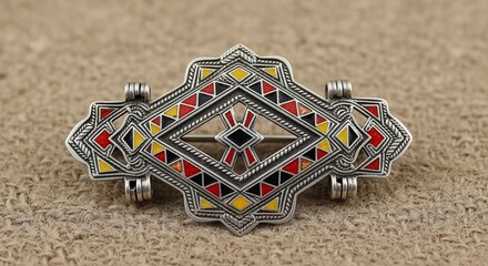 Photograph of a vintage silver brooch with a colorful geometric enamel design on burlap.