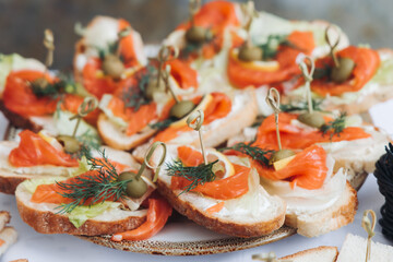 Decorated catering table, banquet with variety of different gourmet exquisite food snacks appetizers on corporate birthday party event or wedding celebration, canape, salad, delicatessen setting