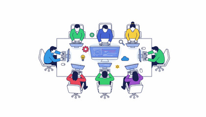 Agile Digital Team Collaboration Meeting Icon. Diverse professionals working on software development, UX design, and business strategy.