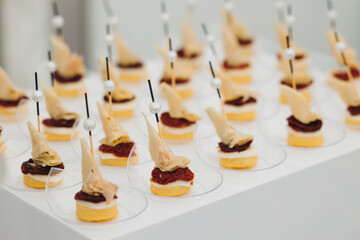 Decorated catering table, banquet with variety of different gourmet exquisite food snacks appetizers on corporate birthday party event or wedding celebration, canape, salad, delicatessen setting