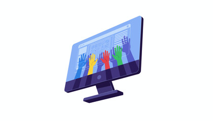 Digital Collaboration and Team Participation Concept. Diverse Hands Raising on a Computer Monitor Displaying a Wireframe Design.