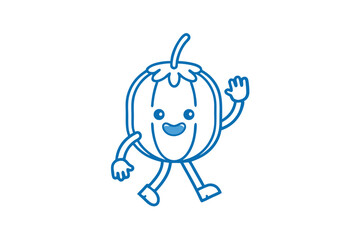 Joyful squash character with simple blue outline waves a cheerful greeting on white