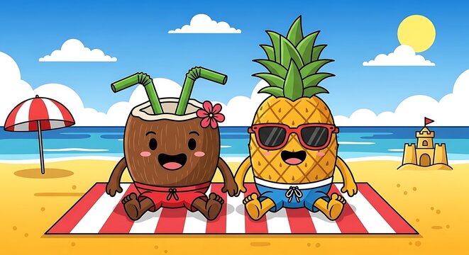 Cute Coconut and Pineapple Characters Relaxing on Beach Towel. - Powered by Adobe
