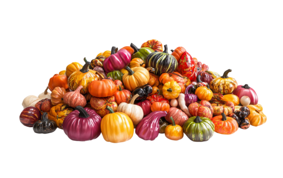Assorted small pumpkins and gourds arranged to capture seasonal charm and rustic fall vibes isolated on white background PNG