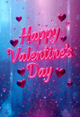 Romantic Valentine’s Day greeting card with glowing pink 3D text, heart shapes, and sparkling particles on a dreamy blue-pink gradient background. Perfect for love, celebration, and holiday themes.